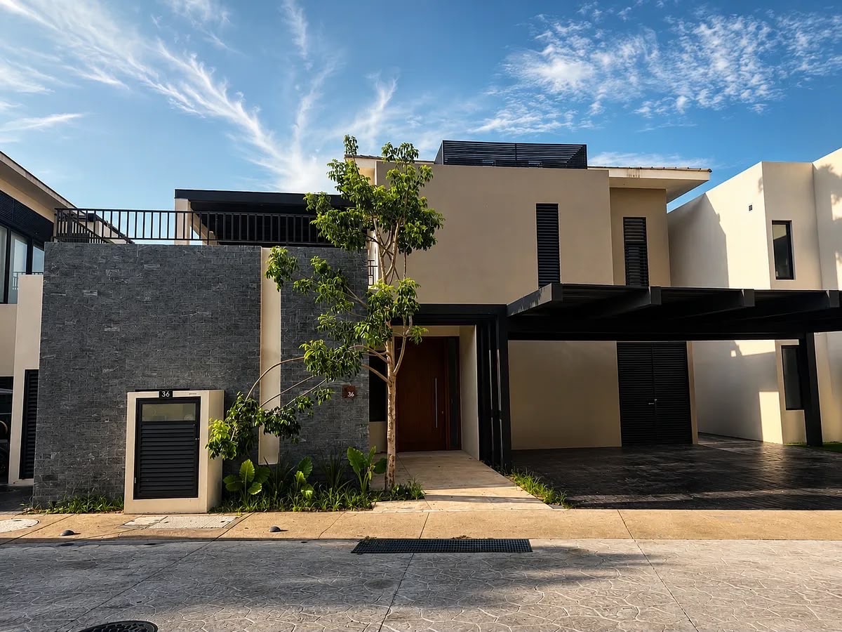 Fachada de la casa 36 en la privada Amanhá