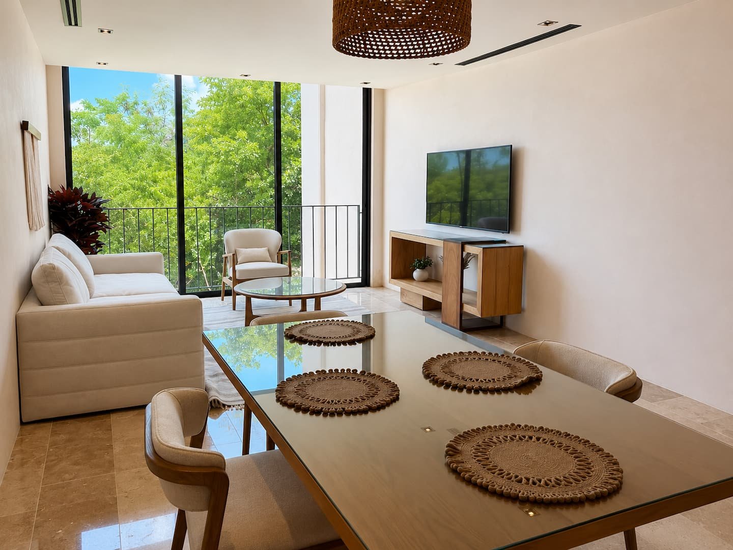 Comedor y sala del departamento con ventanales de piso a techo